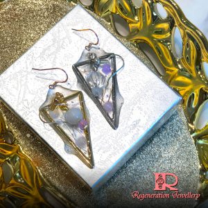 Large triangle component with resin & natural crystals sterling silver earrings 大三角形配件配樹脂及天然水晶純銀耳環