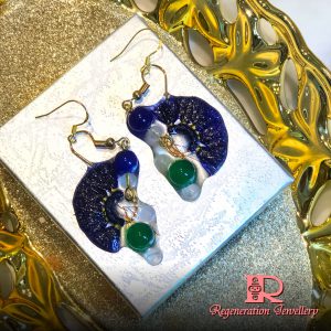 Small fan-shape tassel with resin & natural crystals sterling silver earrings (Blue) 小扇形流蘇配樹脂及天然水晶純銀耳環 (藍)