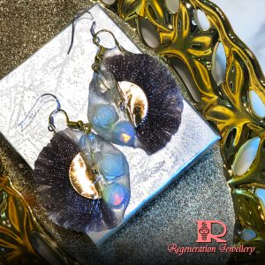 Large fan-shape tassel with resin & natural crystals sterling silver earrings (Green) 大扇形流蘇配樹脂及天然水晶純銀耳環 (綠)