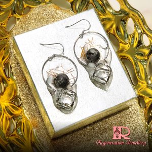 Heart-shape component with resin & natural crystals sterling silver earrings 心形配件配樹脂及天然水晶純銀耳環
