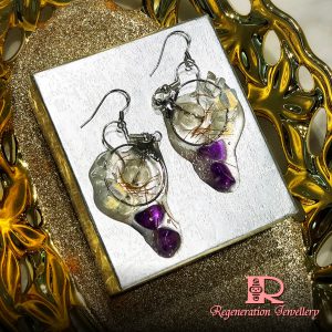 Small ring component with resin & natural crystals sterling silver earrings (Yellow) 小圓形配件配樹脂及天然水晶純銀耳環 (黃)