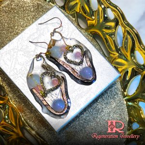 Heart-shape cubic zirconia component with resin & natural crystals sterling silver earrings 心形鋯石配件配樹脂及天然水晶純銀耳環