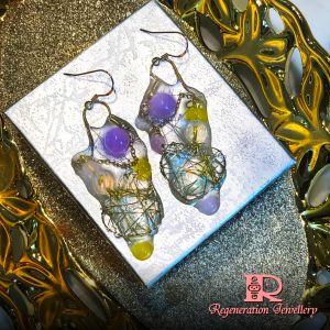 Heart-shape cubic zirconia component with resin & natural crystals sterling silver earrings 心形鋯石配件配樹脂及天然水晶純銀耳環