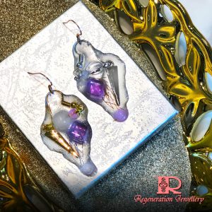 Large triangle component with resin & natural crystals sterling silver earrings 大三角形配件配樹脂及天然水晶純銀耳環