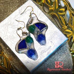 Fan-shape cubic zirconia with resin & natural crystals sterling silver earrings (Blue) 扇形鋯石配樹脂及天然水晶純銀耳環 (藍)