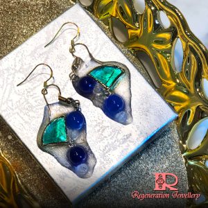 Fan-shape cubic zirconia with resin & natural crystals sterling silver earrings (Blue) 扇形鋯石配樹脂及天然水晶純銀耳環 (藍)