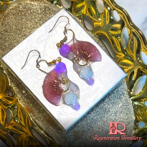 Small fan-shape tassel with resin & natural crystals sterling silver earrings (Blue) 小扇形流蘇配樹脂及天然水晶純銀耳環 (藍)