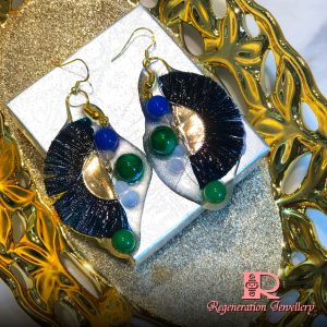 Large fan-shape tassel with resin & natural crystals sterling silver earrings (Green) 大扇形流蘇配樹脂及天然水晶純銀耳環 (綠)