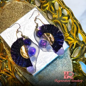 Large fan-shape tassel with resin & natural crystals sterling silver earrings (Green) 大扇形流蘇配樹脂及天然水晶純銀耳環 (綠)